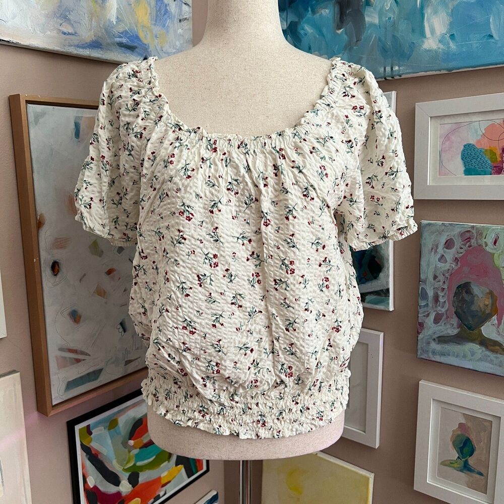 Falls Creek‎ Floral Puff Sleeve Blouse White Cottagecore Top Size M Milkmaid
